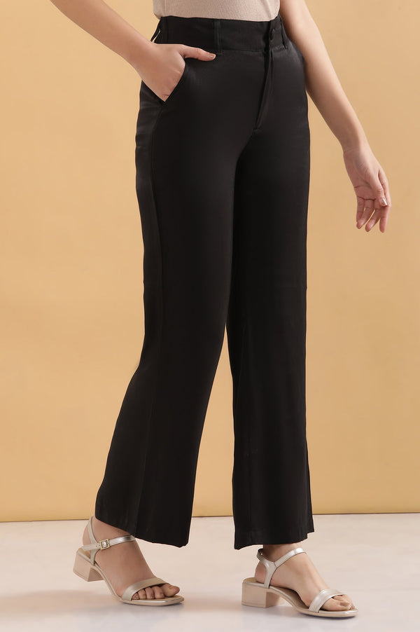 Elleven Women's Black Solid Straight Fit Rayon Pants With Button And Zip Closure