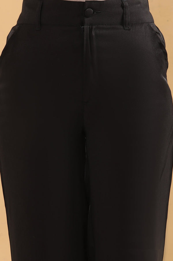 Elleven Women's Black Solid Straight Fit Rayon Pants With Button And Zip Closure