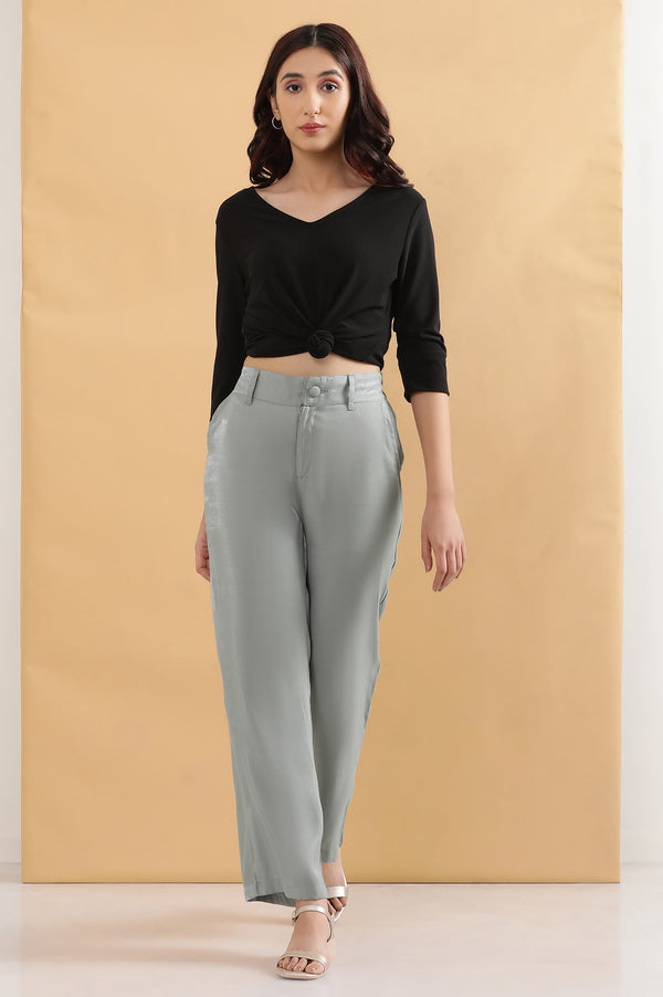 Elleven Women's Grey Solid Straight Fit Woven Pants With Elasticated Back