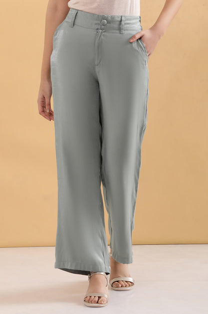 Grey Solid Straight Fit Woven Pants With Elasticated Back