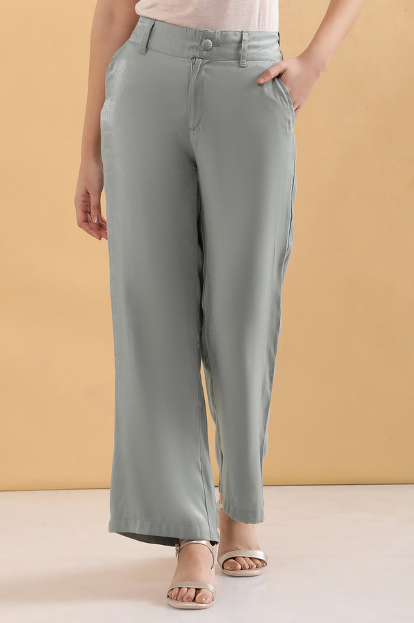 Elleven Women's Grey Solid Straight Fit Woven Pants With Elasticated Back