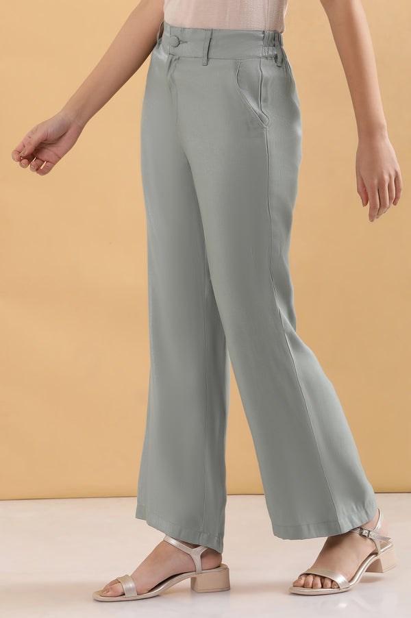 Elleven Women's Grey Solid Straight Fit Woven Pants With Elasticated Back