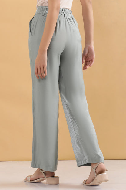 Grey Solid Straight Fit Woven Pants With Elasticated Back