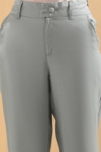 Grey Solid Straight Fit Woven Pants With Elasticated Back