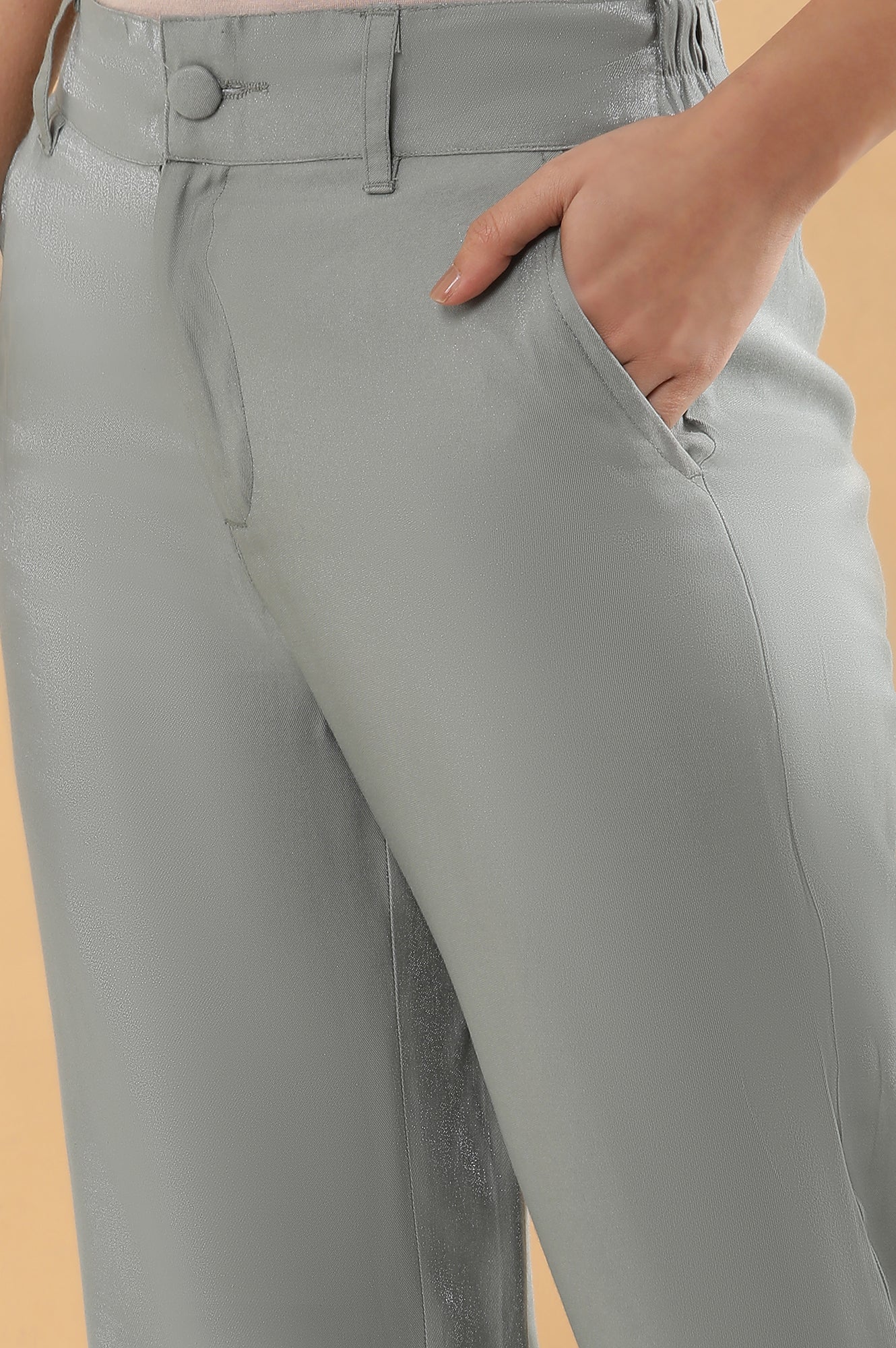 Grey Solid Straight Fit Woven Pants With Elasticated Back
