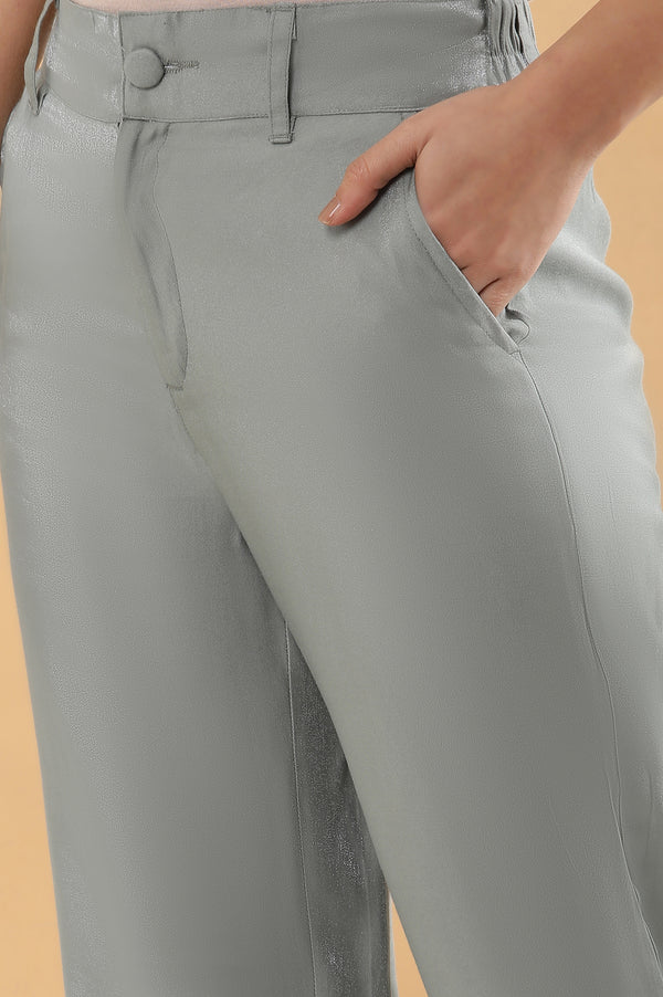 Elleven Women's Grey Solid Straight Fit Woven Pants With Elasticated Back