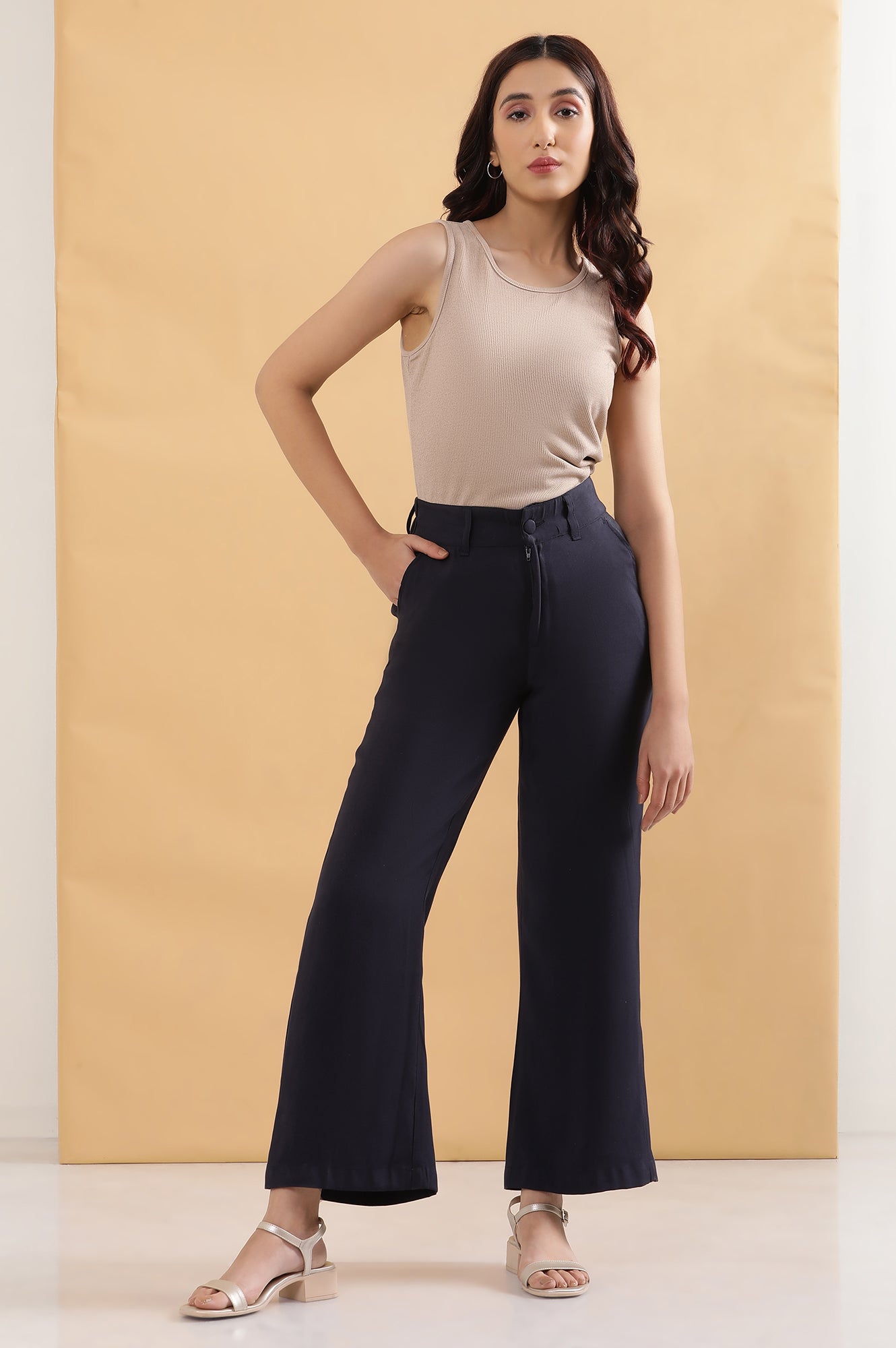 Navy Blue Solid Straight-fit Woven Pants with Elasticated Back