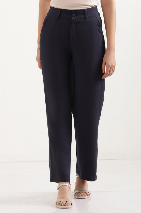 Elleven Women's Navy Blue Solid Straight-fit Woven Pants with Elasticated Back