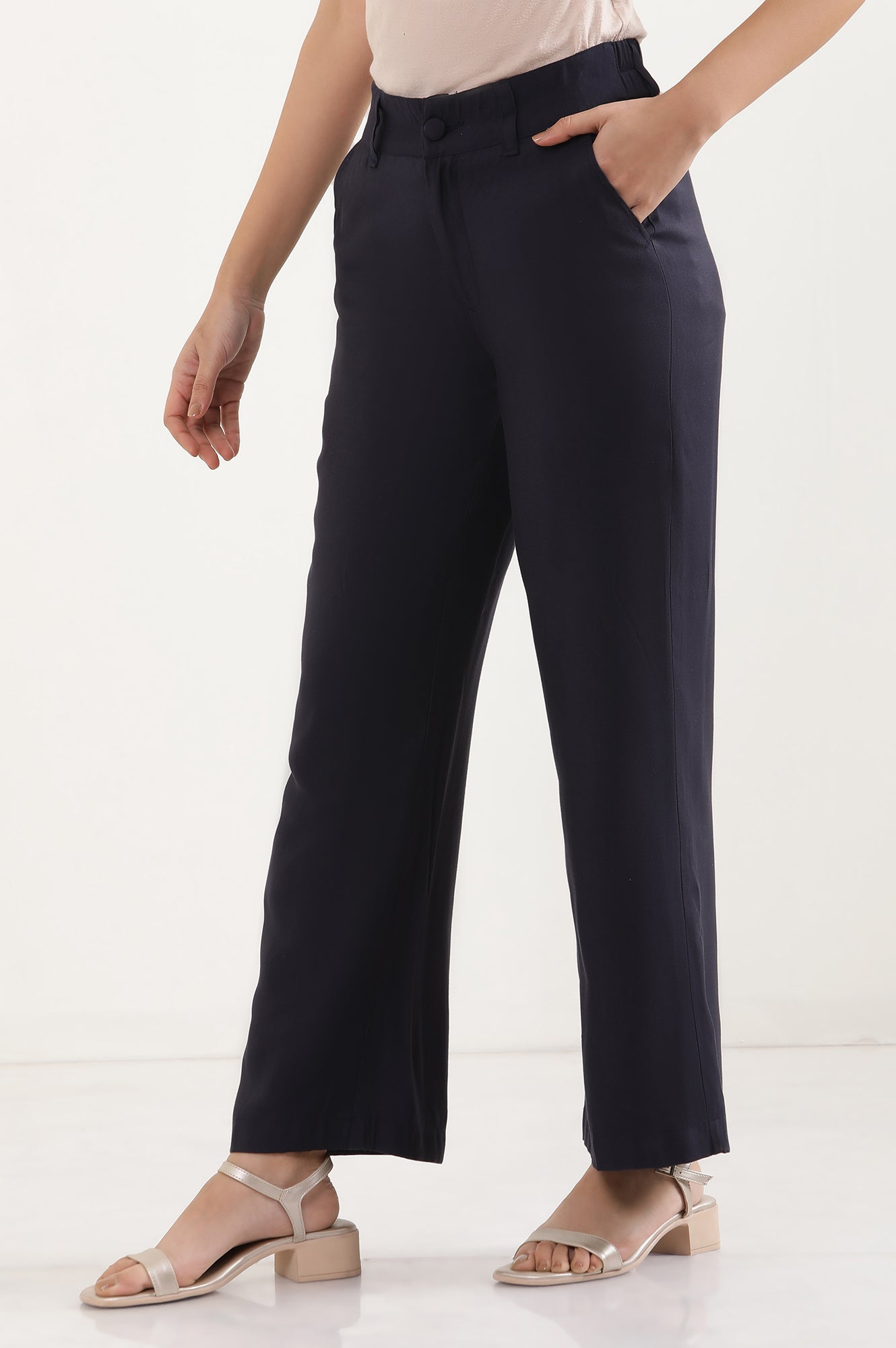 Navy Blue Solid Straight-fit Woven Pants with Elasticated Back