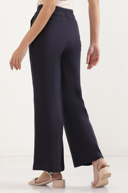 Navy Blue Solid Straight-fit Woven Pants with Elasticated Back