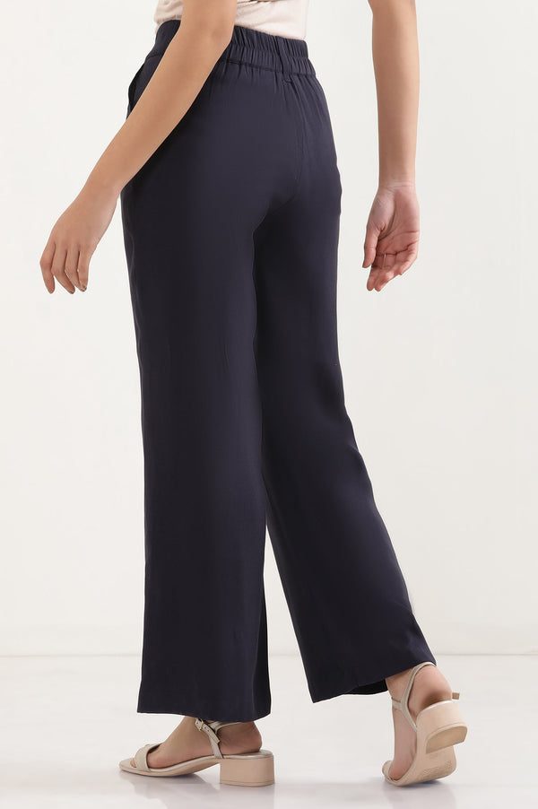 Elleven Women's Navy Blue Solid Straight-fit Woven Pants with Elasticated Back