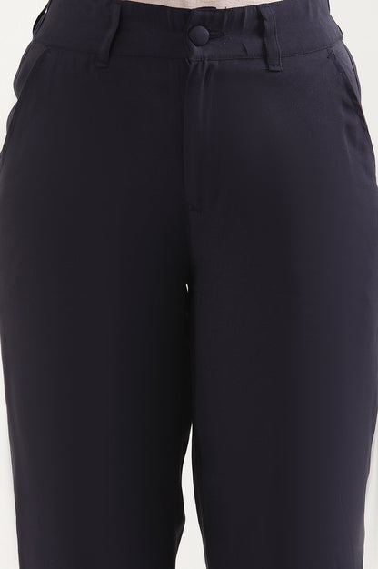 Navy Blue Solid Straight-fit Woven Pants with Elasticated Back