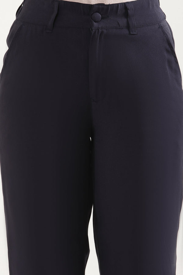 Elleven Women's Navy Blue Solid Straight-fit Woven Pants with Elasticated Back