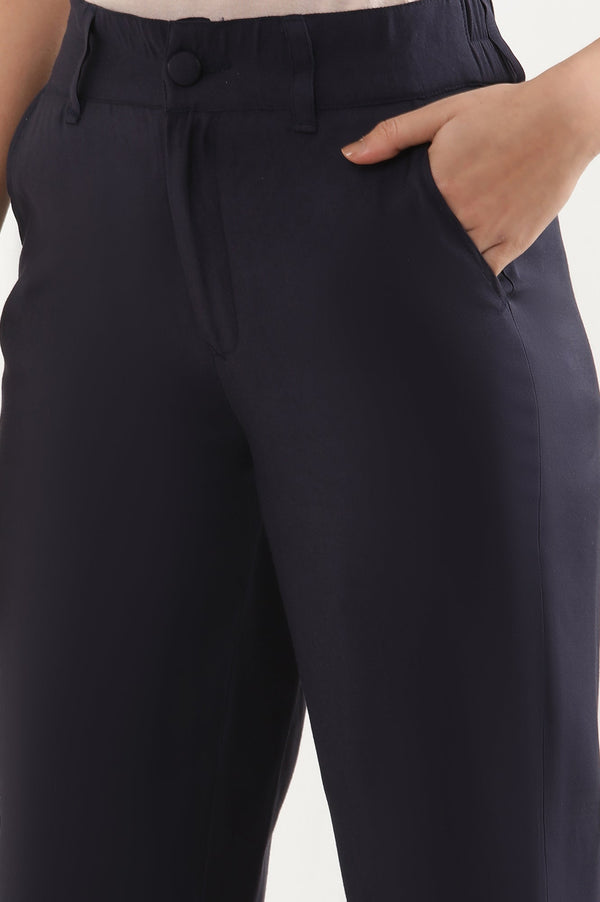 Elleven Women's Navy Blue Solid Straight-fit Woven Pants with Elasticated Back