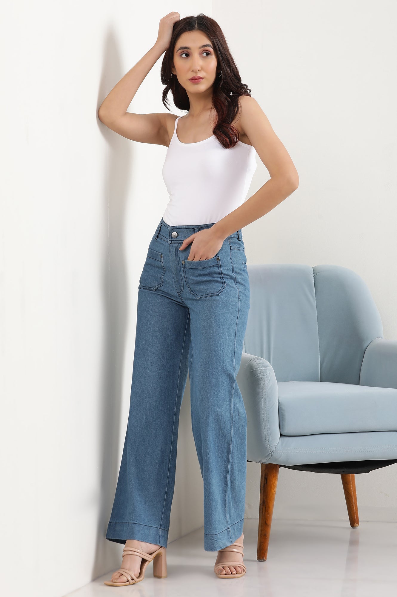 Light Blue Solid Flared Denim Pants With Button Detail