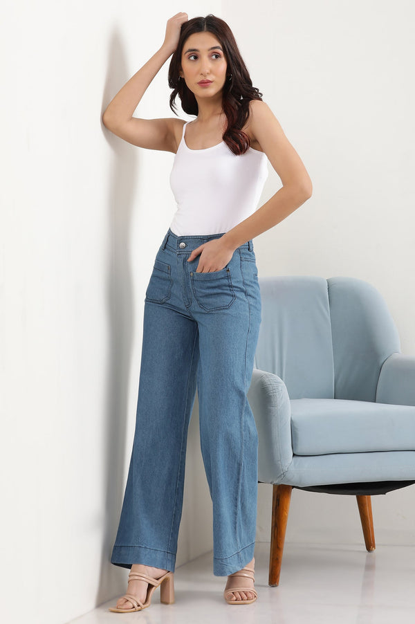 Elleven Women's Light Blue Solid Flared Denim Pants With Button Detail