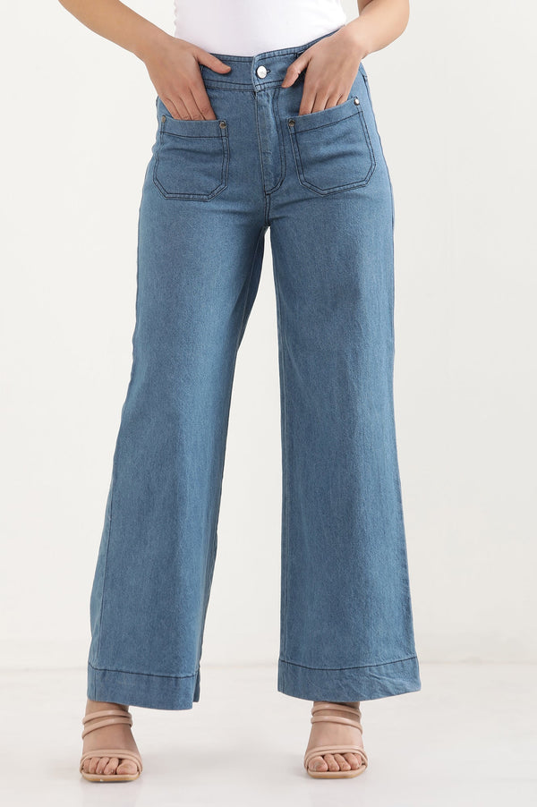 Elleven Women's Light Blue Solid Flared Denim Pants With Button Detail