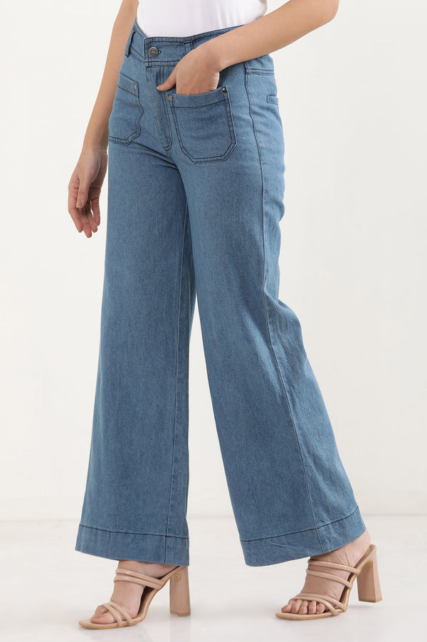 Elleven Women's Light Blue Solid Flared Denim Pants With Button Detail