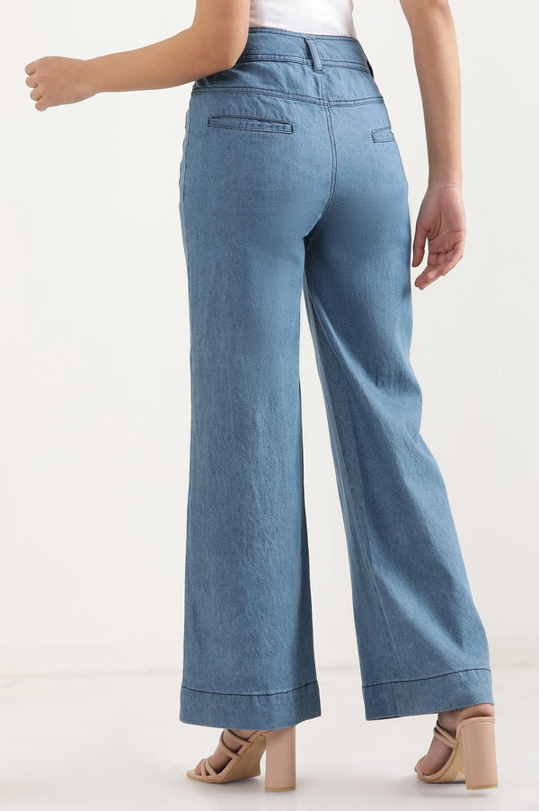 Elleven Women's Light Blue Solid Flared Denim Pants With Button Detail