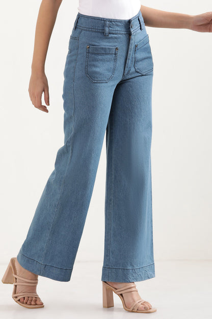 Light Blue Solid Flared Denim Pants With Button Detail