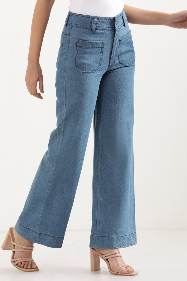 Elleven Women's Light Blue Solid Flared Denim Pants With Button Detail