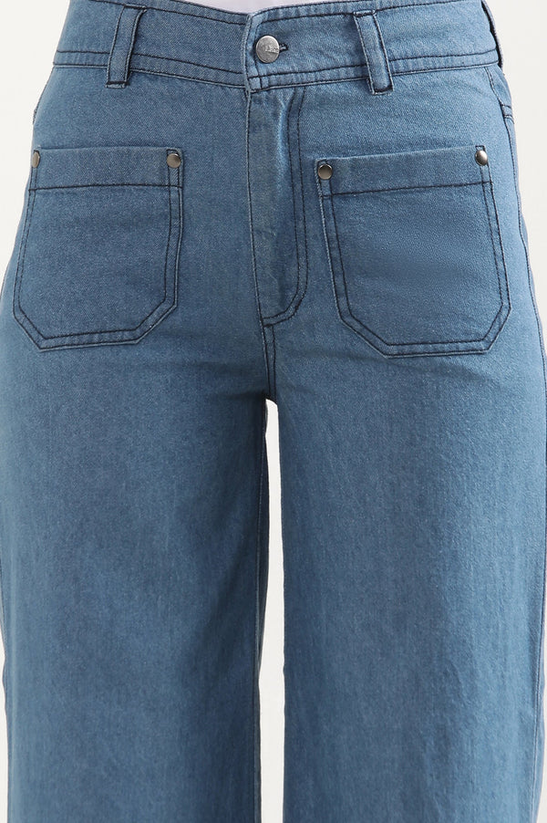 Elleven Women's Light Blue Solid Flared Denim Pants With Button Detail