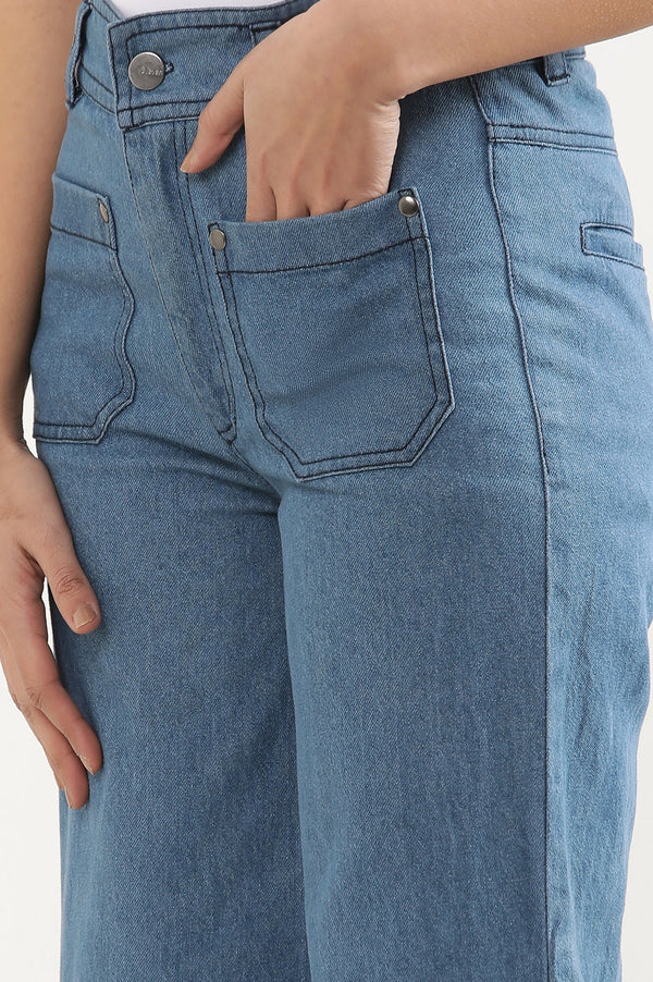 Elleven Women's Light Blue Solid Flared Denim Pants With Button Detail