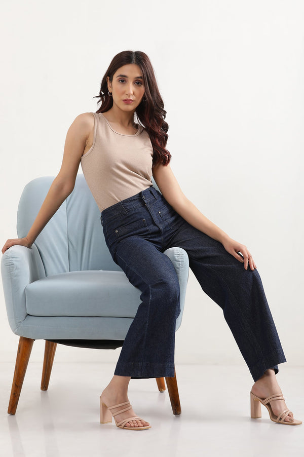 Navy Blue Solid Flared Denim Pants with Button Detail