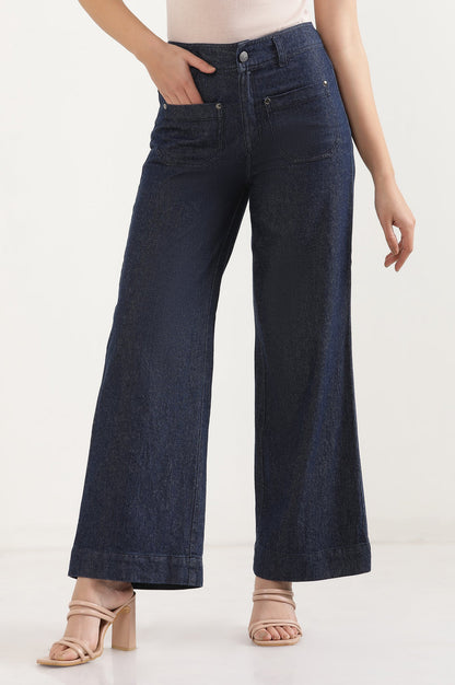 Navy Blue Solid Flared Denim Pants with Button Detail