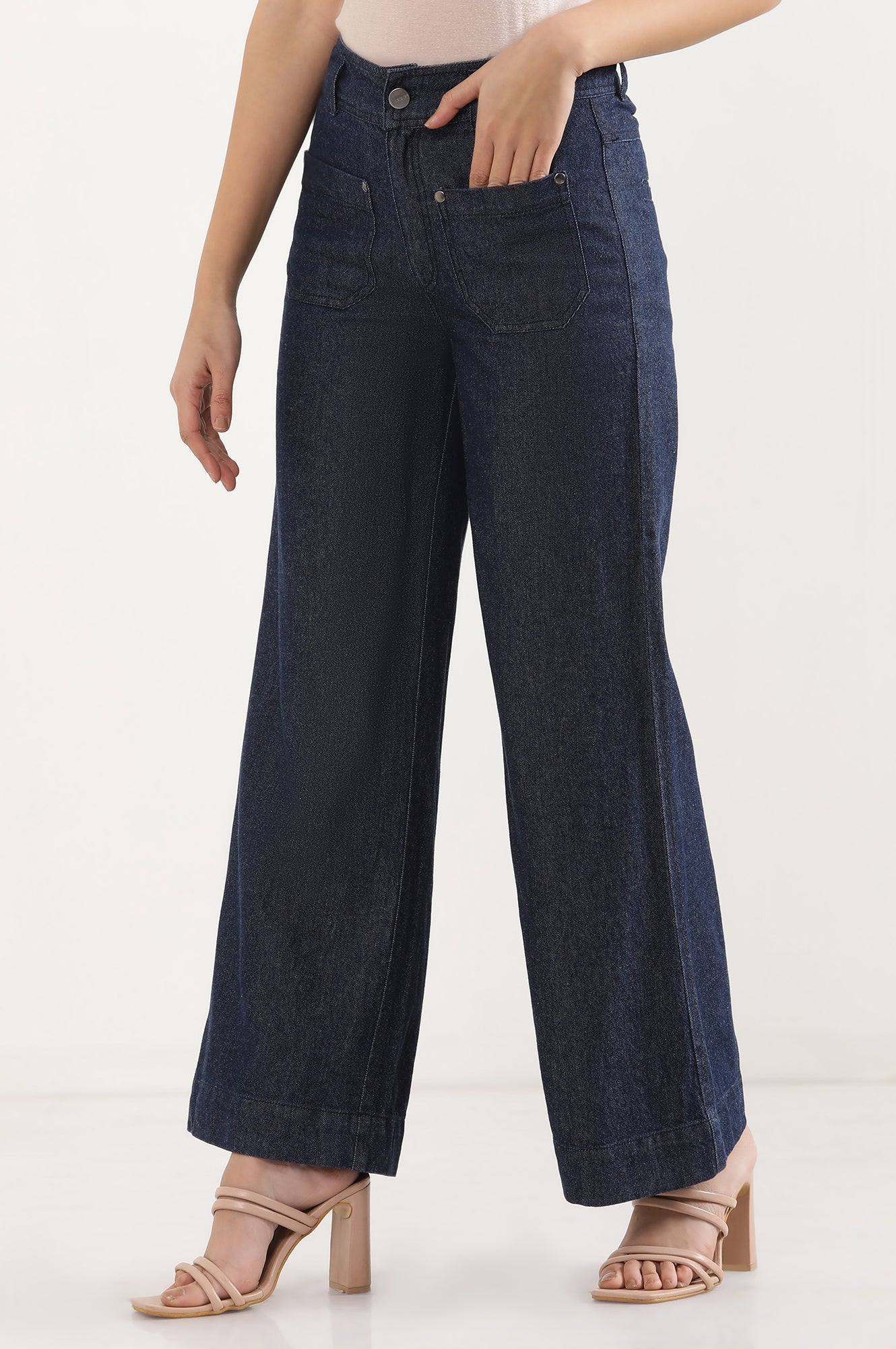 Navy Blue Solid Flared Denim Pants with Button Detail