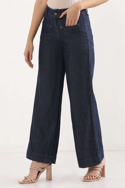 Navy Blue Solid Flared Denim Pants with Button Detail