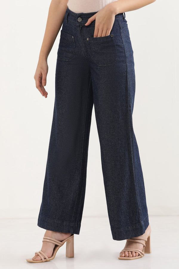 Navy Blue Solid Flared Denim Pants with Button Detail