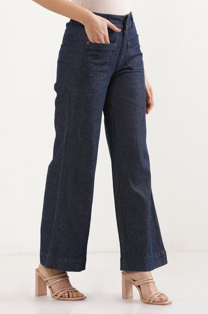 Navy Blue Solid Flared Denim Pants with Button Detail