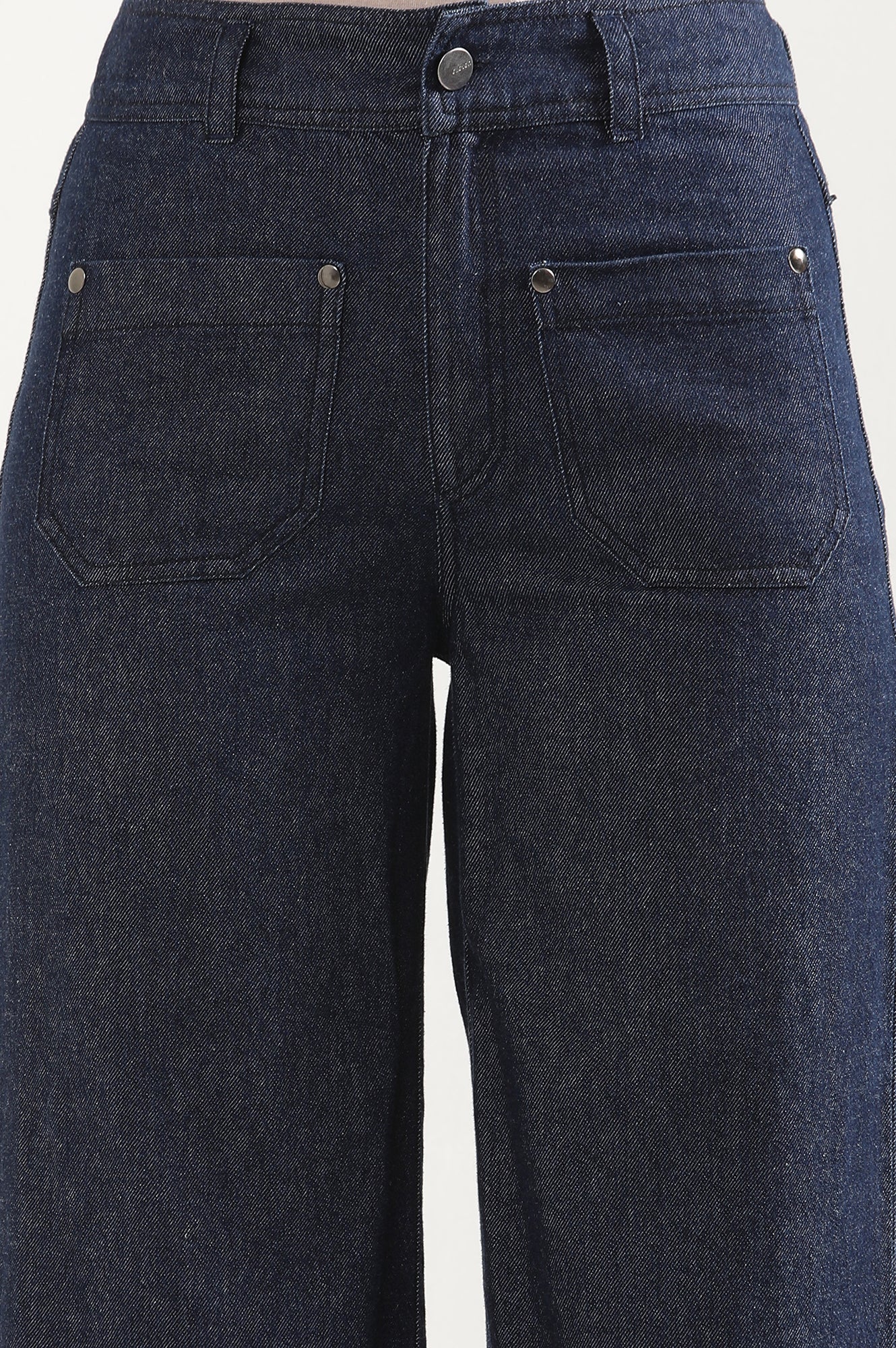 Navy Blue Solid Flared Denim Pants with Button Detail