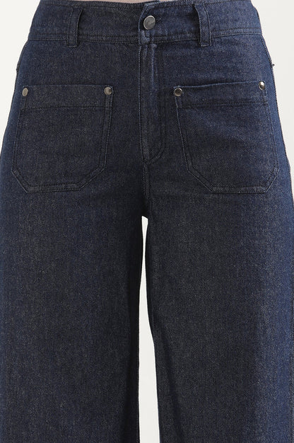 Navy Blue Solid Flared Denim Pants with Button Detail