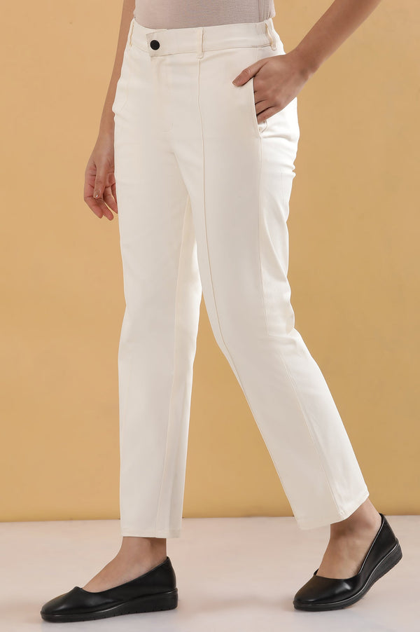 Elleven Women's Off White Solid Straight Fit Cotton Pants With Pintuck Detail