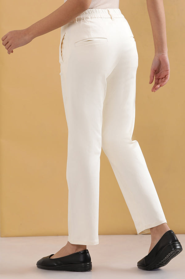 Elleven Women's Off White Solid Straight Fit Cotton Pants With Pintuck Detail