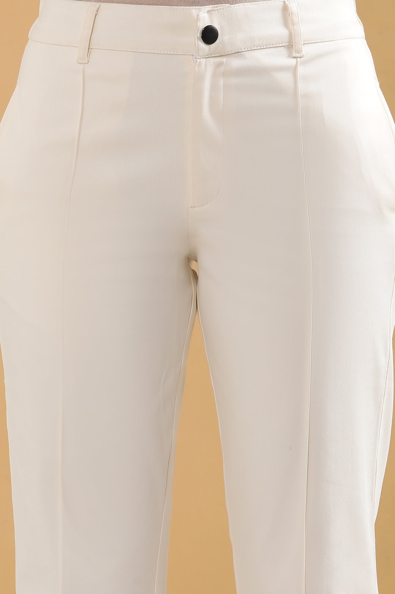Off White Solid Straight Fit Cotton Pants With Pintuck Detail