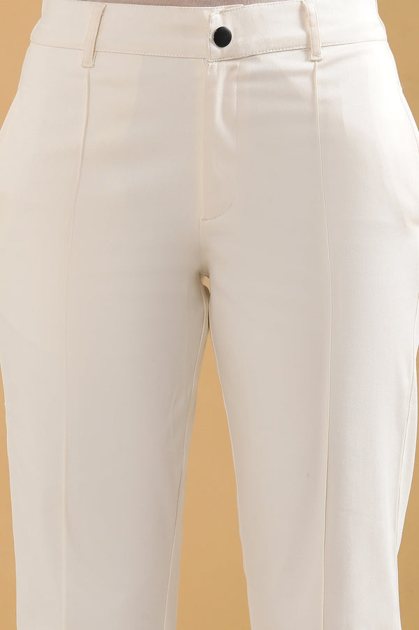 Elleven Women's Off White Solid Straight Fit Cotton Pants With Pintuck Detail