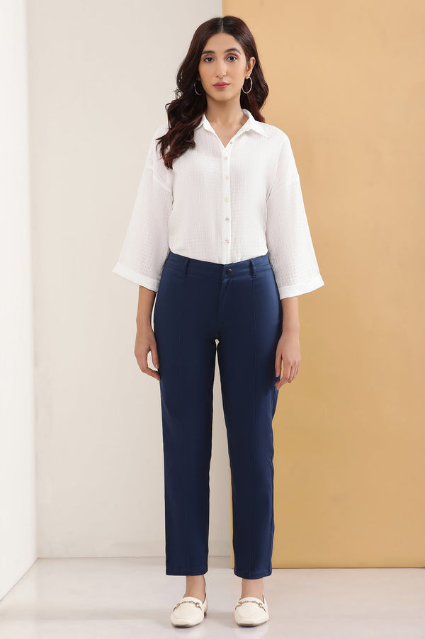 Elleven Women's Blue Solid Straight Fit Cotton Pants With Pintuck Detail