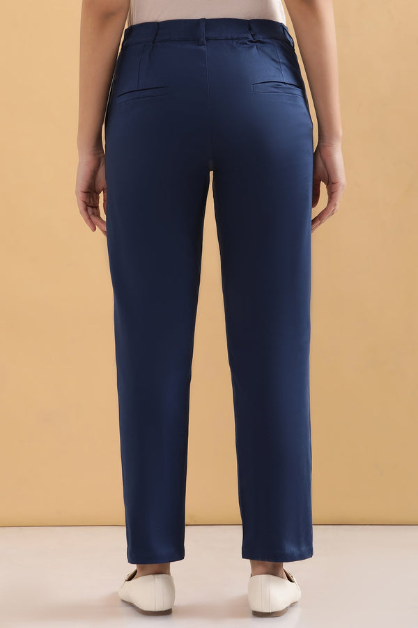 Elleven Women's Blue Solid Straight Fit Cotton Pants With Pintuck Detail