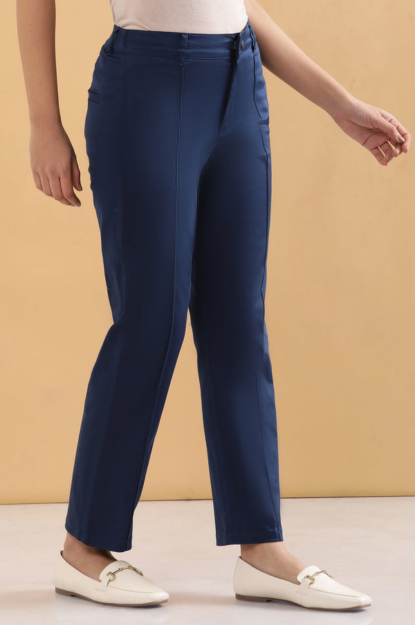 Elleven Women's Blue Solid Straight Fit Cotton Pants With Pintuck Detail