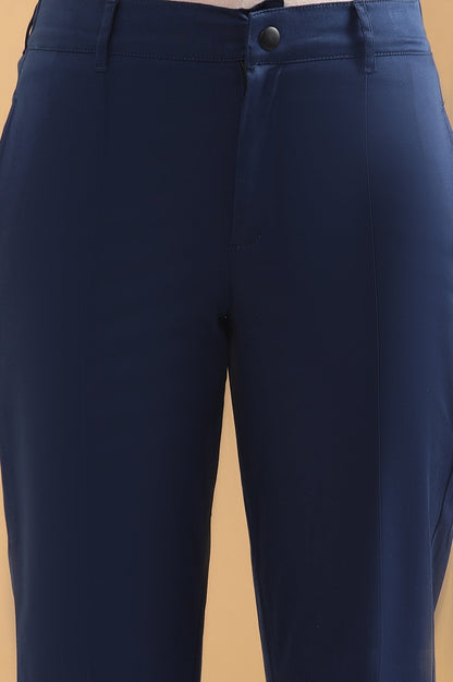 Blue Solid Straight Fit Cotton Pants With Pintuck Detail