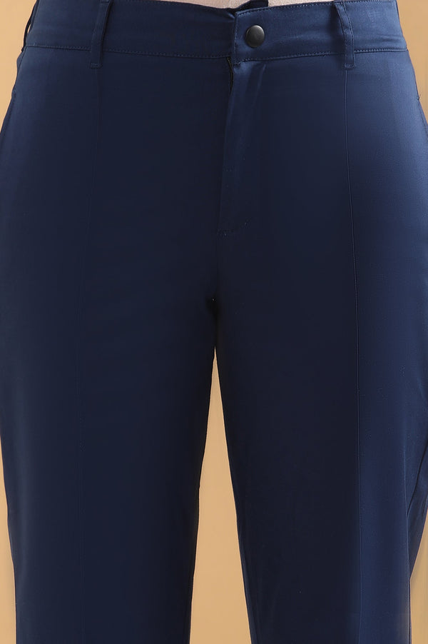 Elleven Women's Blue Solid Straight Fit Cotton Pants With Pintuck Detail
