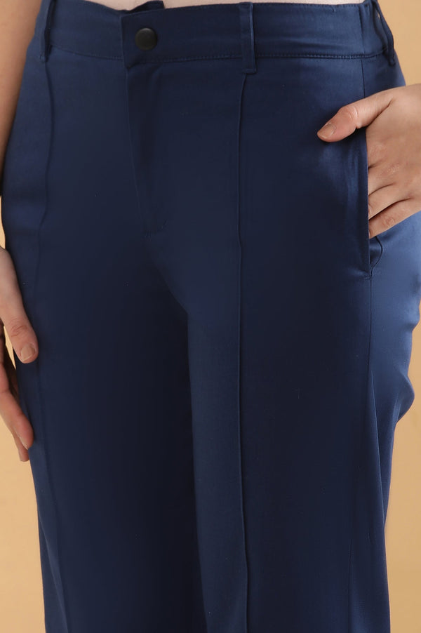 Elleven Women's Blue Solid Straight Fit Cotton Pants With Pintuck Detail