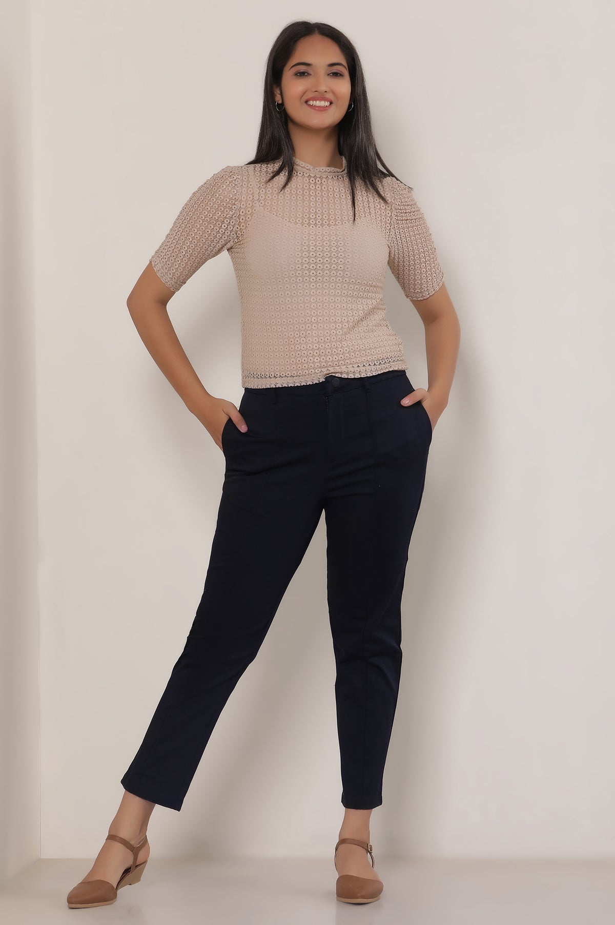 Elleven Women's Black Solid Straight Fit Cotton Pants With Button And Zip Closure - XL