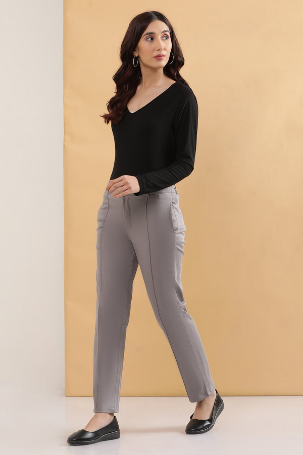 Elleven Women's Grey Solid Straight Fit Cotton Pants With Pintuck Detail