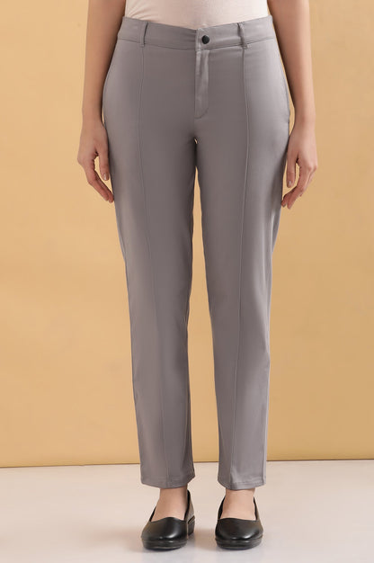 Grey Solid Straight Fit Cotton Pants With Pintuck Detail