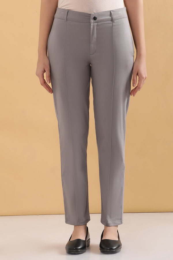 Elleven Women's Grey Solid Straight Fit Cotton Pants With Pintuck Detail