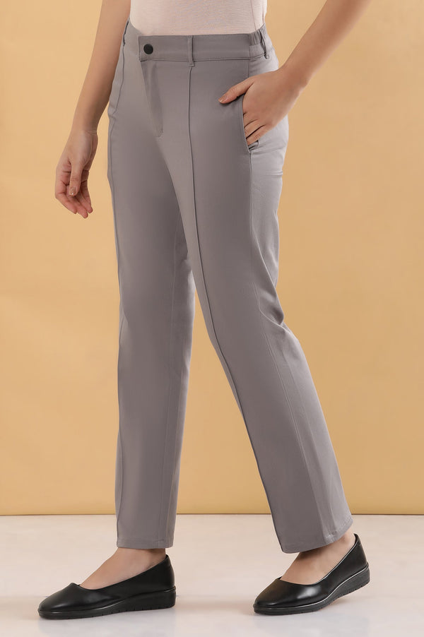 Elleven Women's Grey Solid Straight Fit Cotton Pants With Pintuck Detail